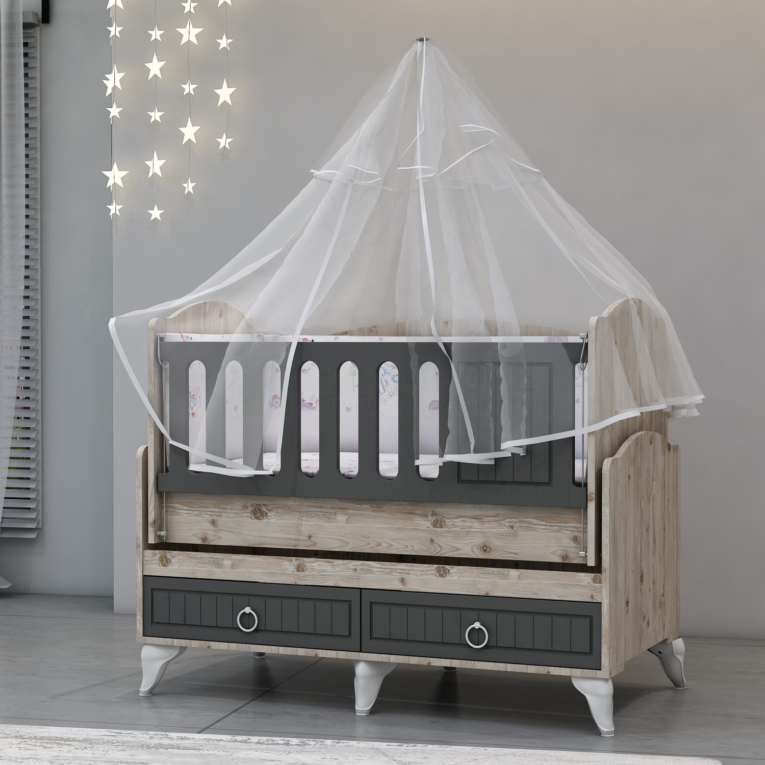 Defne Antrasit Membran Country Asansörlü Beşik Yatak ve Defne Antrasit Membran Country Asansörlü Beşik Yatak ve