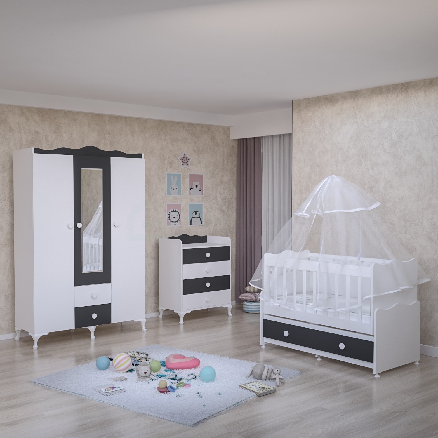 Elegant Gri Bebek Odası Takımı Yatak ve Uyku Seti Kombinli