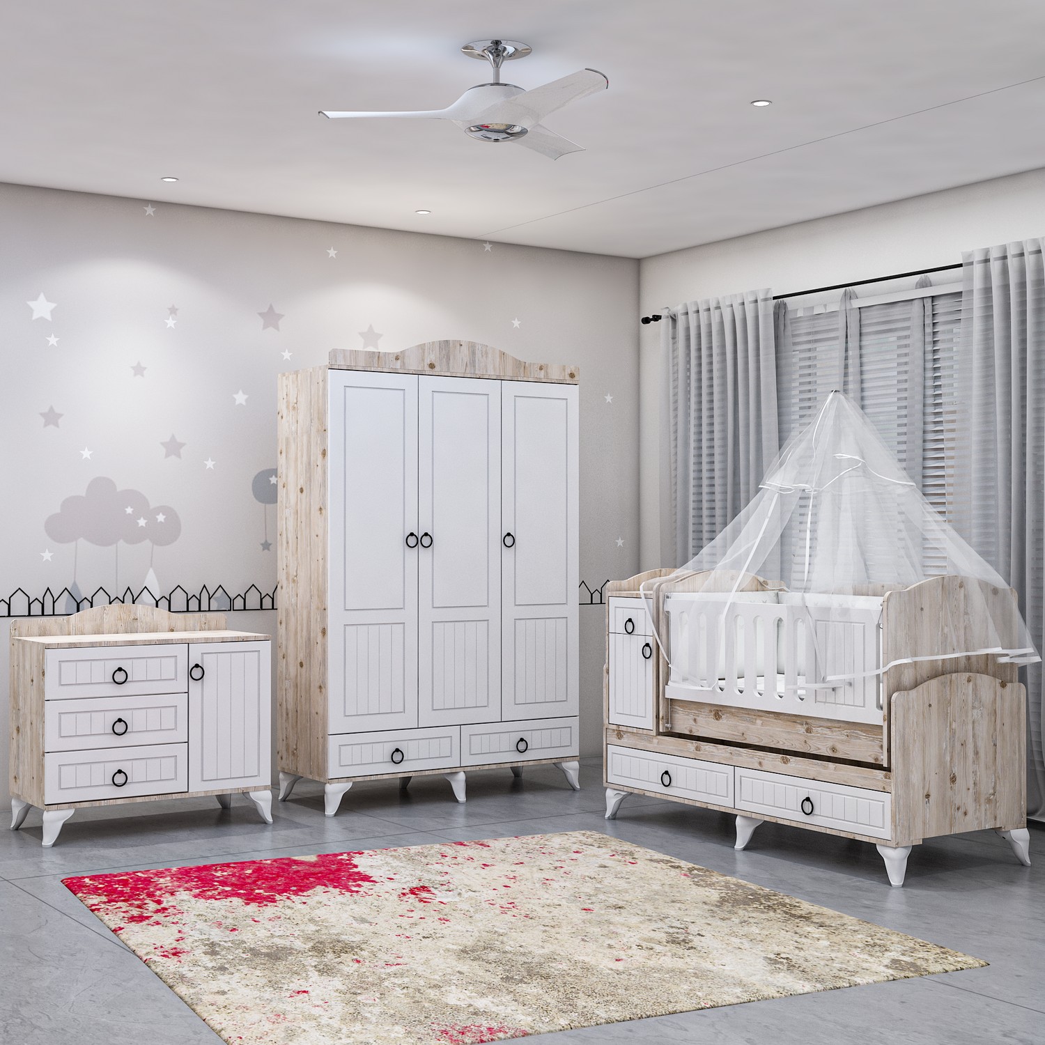 Sude Beyaz Membran Country Asansörlü Bebek Odası Takımı Yatak ve Uyku